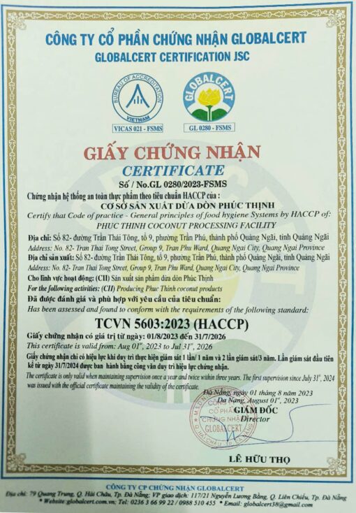 Giấy chứng nhận dừa sấy giòn của Cocovietnam.vn