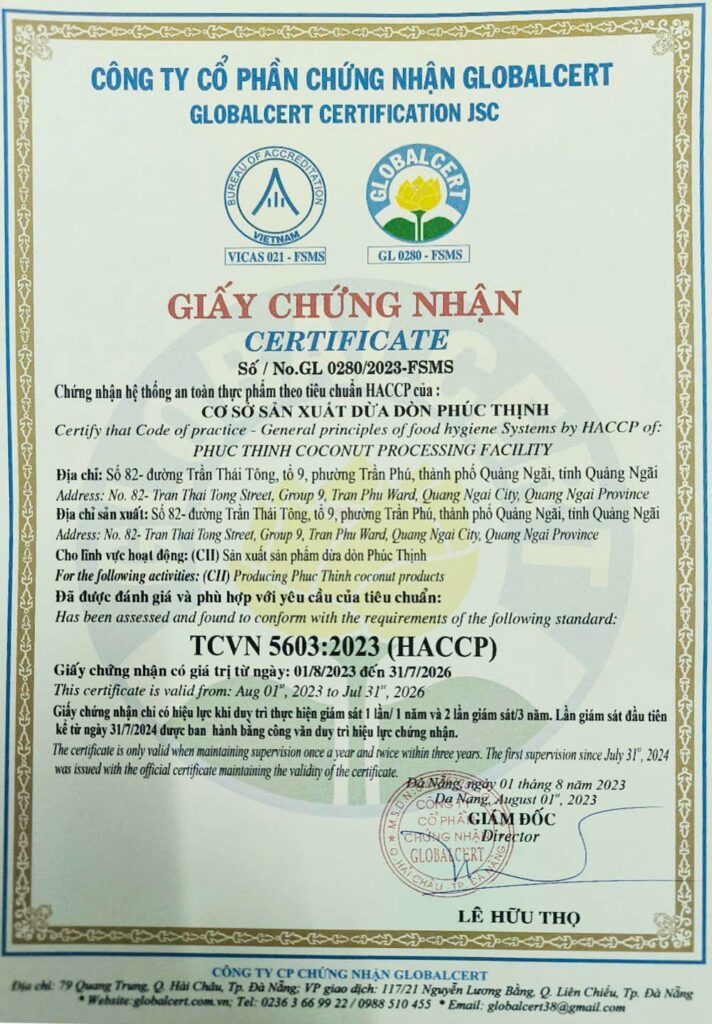 Giấy chứng nhận dừa sấy giòn của Cocovietnam.vn