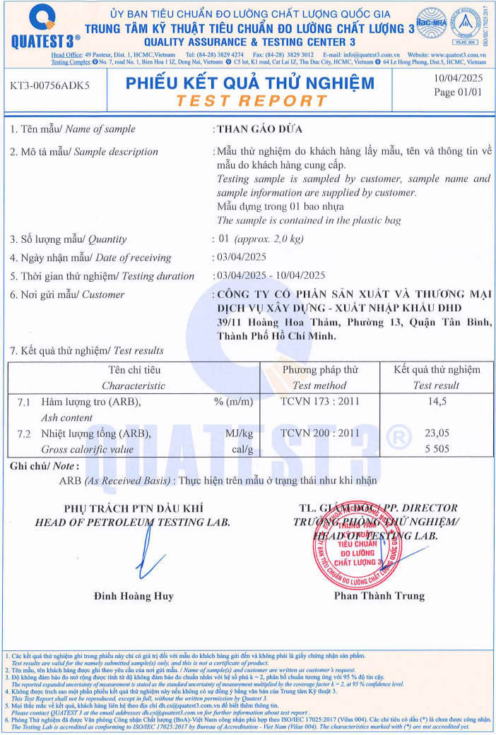 chứng nhận kiểm nghiệm than gáo dừa